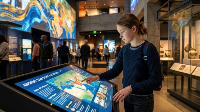 Young person interacting with a digital interactive map display in a museum exhibit.