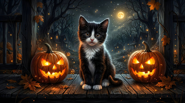 Cute black and white kitten sitting between two glowing carved halloween pumpkins at night