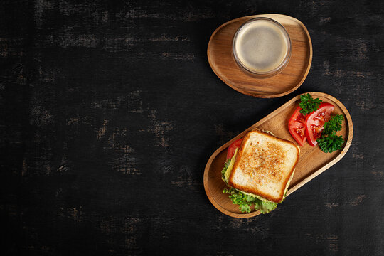 Homemade Chicken Burger Toast Sandwich and Coffee Top View