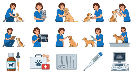 Fototapeta premium Female veterinarian examining dogs with medical equipment vector set