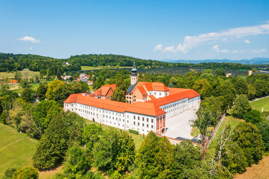 Aerial view of Cistercian monastery in town of Kostanjevica na Krki, Slovenia, Europe