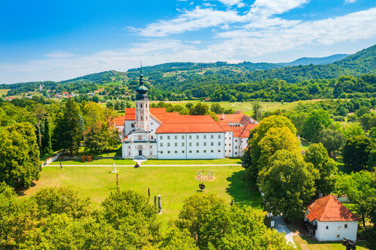 Aerial view of Cistercian monastery in town of Kostanjevica na Krki, Slovenia, Europe