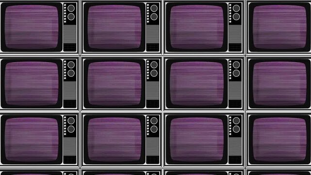 Vintage TV noise grid visual multiple retro monitors, static screens, black borders broadcast interference. analog transitions, media loops, glitch overlays, music trailer edits, motion graphics.