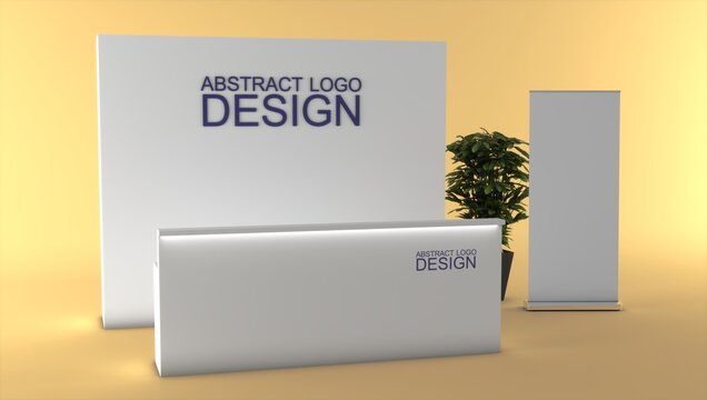 Trade show promo stand mockup. Modern trade show promotional stand with a clean kiosk design, perfect for exhibitions, retail promotions, corporate branding, product launches, and marketing events.