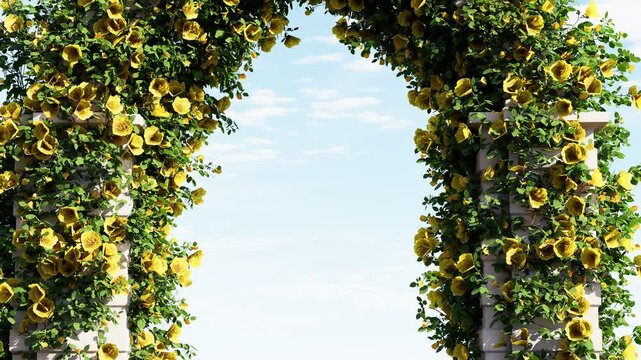 4K cinematic fly-through animation passing beneath a floral wedding arch and rising toward the sky, ideal for weddings, romantic events, luxury celebrations, invitations, and event backgrounds.