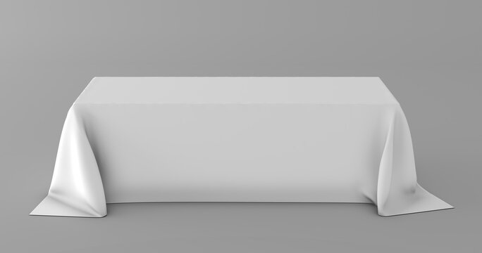 Realistic rectangular table covered with a blank white tablecloth isolated on a white background, ideal for event planning, hospitality, banquets, conferences, product presentations, and mockup design