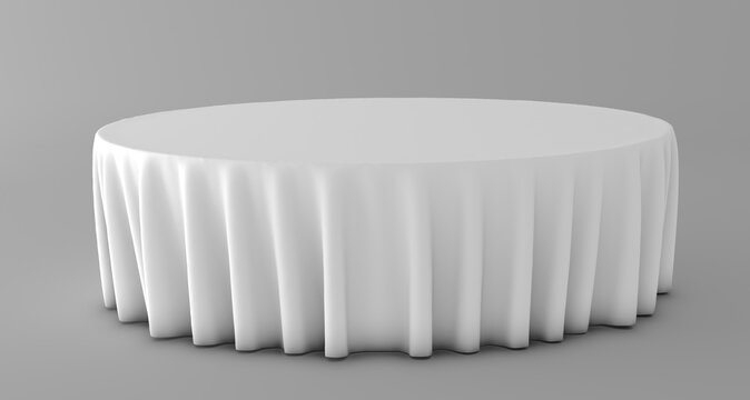 Elegant round table covered with a white tablecloth, isolated on a white background, ideal for event planning, hospitality, weddings, banquets, and product mockups.