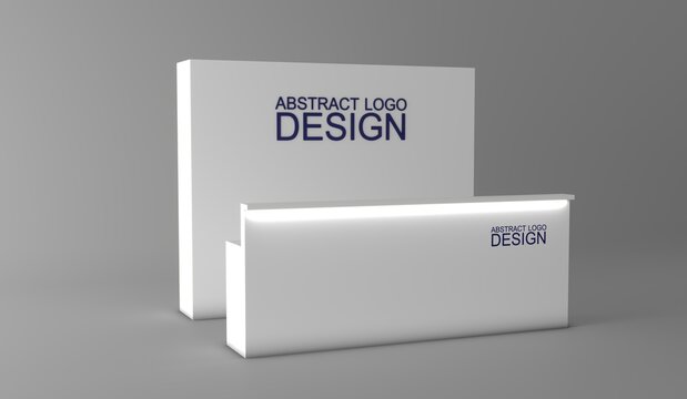 Trade show promo stand mockup. Modern trade show promotional stand with a clean kiosk design, perfect for exhibitions, retail promotions, corporate branding, product launches, and marketing events.