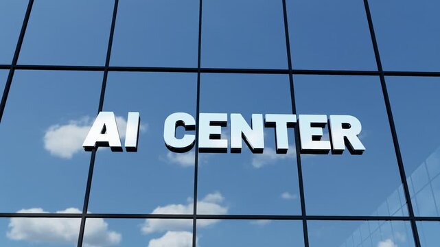 Modern glass building with prominent "AI Center" signage, ideal for artificial intelligence, technology, innovation, research, software, and corporate business concepts.