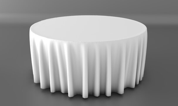 Elegant round table covered with a white tablecloth, isolated on a white background, ideal for event planning, hospitality, weddings, banquets, and product mockups.
