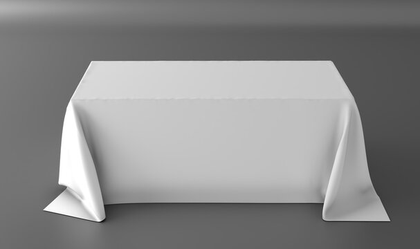 Realistic rectangular table covered with a blank white tablecloth isolated on a white background, ideal for event planning, hospitality, banquets, conferences, product presentations, and mockup design