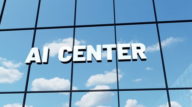 Modern glass building with prominent "AI Center" signage, ideal for artificial intelligence, technology, innovation, research, software, and corporate business concepts.