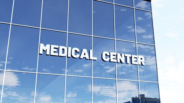 Modern glass building featuring prominent "Medical Center" signage, ideal for healthcare, medical services, hospitals, clinics, and corporate healthcare concepts.