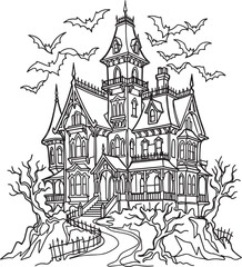Fototapeta premium Victorian haunted mansion silhouette continuous line art vector