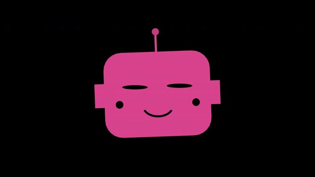 Cute robot face blinking and smiling, friendly AI, plasma magenta transparent overlay, seamless loop animation