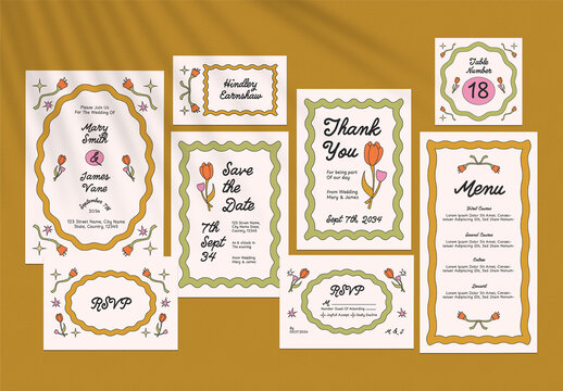 Orange Yellow Doodle Flowery Wedding Invitation Set