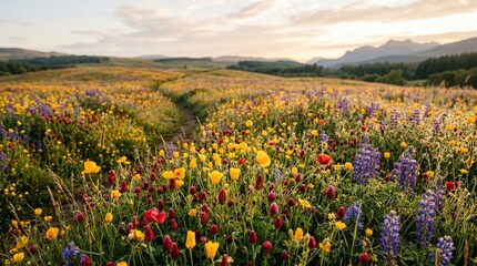 Fototapeta premium Vibrant Meadow Full of Wildflowers at Sunset in Serene Landscape
