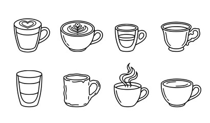 Obraz premium Coffee Cup Line Icon Set with Latte Art Layered Glass Mug Vintage Cup and Steaming Espresso Different Styles