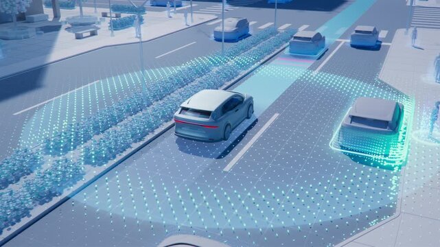 3D Animation Illustrating Technology and Sensors for Autonomous Taxi. Concept: Fully Autonomous AI-Powered Self-Driving Taxi. Driverless Car Driving Through City Streets, Radars and Sensors are Shown.