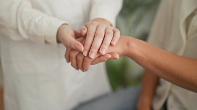 Woman clasping another woman's hand with both hands, gentle palm to palm supportive hold in studio; comfort support healing.