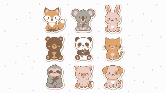 Cute animal stickers with white borders on dotted background.