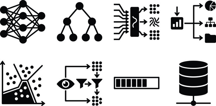 Set of black silhouette icons representing artificial intelligence, machine learning, and data science concepts