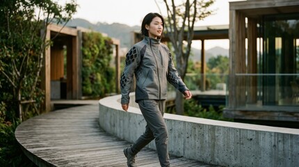 Obraz premium Young Woman Walking in Modern Outdoor Environment with Nature Background
