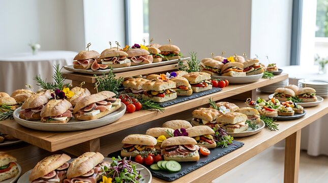 Fresh gourmet sandwiches served on a wooden buffet table display for an event or catering lunch party. Sandwich appetizer ideas