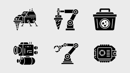 Solid black icons representing space exploration, robotic arms, and planetary research equipment. © TIFA