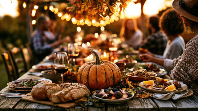 People eat dinner at wooden table with pumpkin centerpiece outside during sunset. Autumn dinner party with friends eating fresh food with bread and wine 