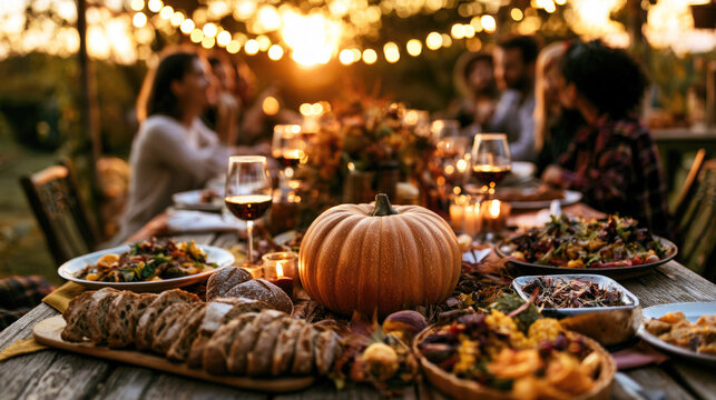 People eat dinner at wooden table with pumpkin centerpiece outside during sunset. Autumn dinner party with friends eating fresh food with bread and wine 