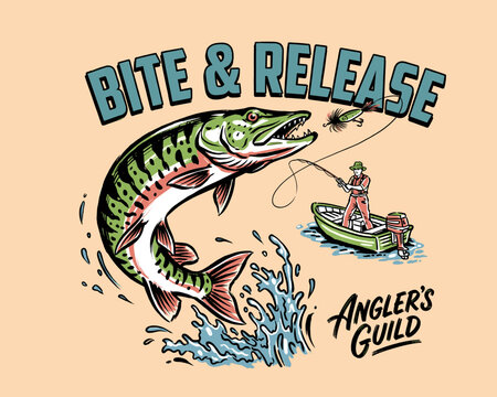 Vintage fishing illustration with jumping muskie. Angler in boat catching pike. Catch and release sport fishing badge. Retro outdoor shirt design.