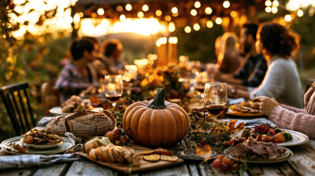 People eat dinner at wooden table with pumpkin centerpiece outside during sunset. Autumn dinner party with friends eating fresh food with bread and wine 