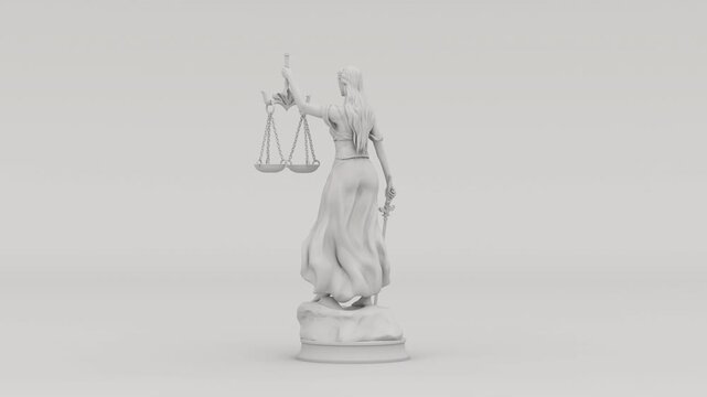 Lady Justice Statue 3D Render Matte Grey Holding Sword and Scales Illustration 4k Video