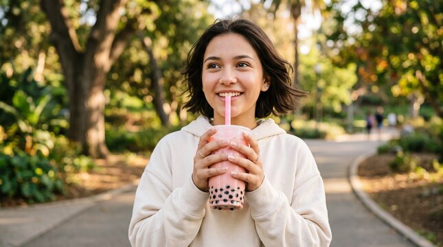 Teen girl smiling while drinking bubble tea in a vibrant outdoor park