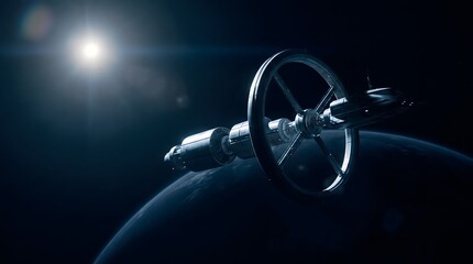 A futuristic space station orbiting a dark planet with a bright star shining in the deep background © Creative_Art