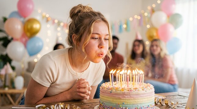 Teenager blowing out candles on birthday cake with joyful expression in a festive room
