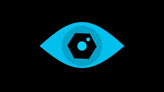 AI eye with aperture iris opening and closing, electric cyan transparent overlay, seamless loop animation