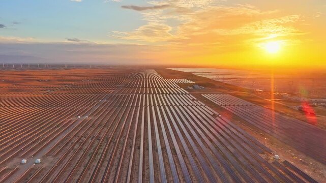 Energy storage station at sunset, new energy, shared power energy, solar photovoltaic power plant