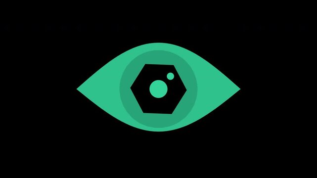 AI eye with aperture iris opening and closing, neo mint transparent overlay, seamless loop animation