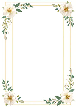 Watercolor White Anemone Floral Frame - Elegant Wedding Invitation Border Vector - Wild Rose Flower Corner Garland Template - Double Gold Line Rectangular Wedding Background - Romantic Botanical