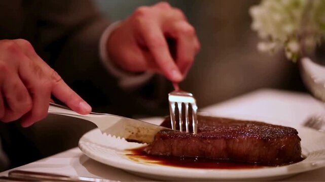 Someone cutting into a perfectly cooked, dark brown, thick steak on a white plate. The steak is resting in its own natural juices.