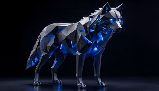 Abstract low poly wolf sculpture with glowing blue internal light
