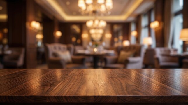 Walnut wood table surface in a blurred restaurant interior