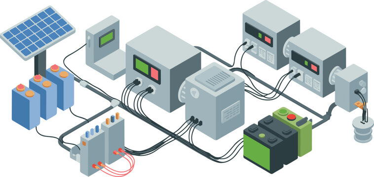 Isometric solar energy storage illustration with photovoltaic panel, batteries, electrical components, power control systems, and renewable technology infrastructure