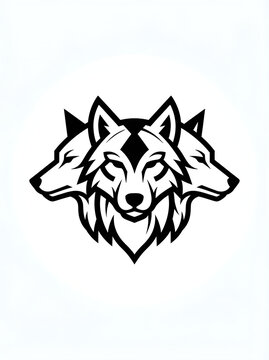 Three wolf heads logo design. Isolated black and white animal emblem for branding.
