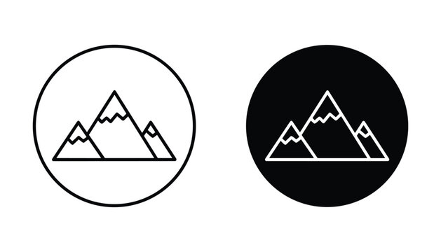 Mountain range outline and solid black fill within circles for adventure and nature concepts vector graphic