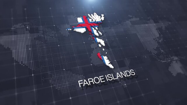 Faroe Islands map with national flag on digital world map background, geographic border, global political and international news concept