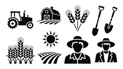 Agriculture farming icons set: tractor barn wheat sun farmer shovel © Naimur creativehouse