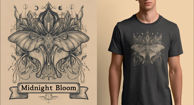 Ornate spiritual moth art print on mens casual t-shirt